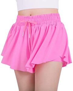jocmic girls flowy shorts, 2 in 1 preppy butterfly shorts with spandex liner for cheer athletic gym kids casual clothes rose red 12 years