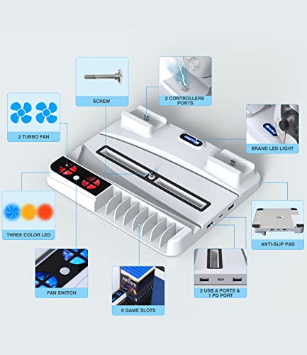 PS5 Stand and Cooling Station with Dual Controller Charging Station Compatible with PS5 Controller,Compact PS5 Accessories with Cooling Fan,Controller Charger,2 in 1 USB Cable, Media Slot, Screw