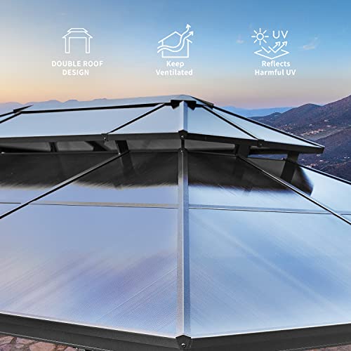 MELLCOM 12x14ft Hardtop Gazebo, Polycarbonate Double Roof Aluminum Gazebo, Outdoor Waterproof Canopy Gazebo with Netting and Curtains for Backyard, Deck, Patio