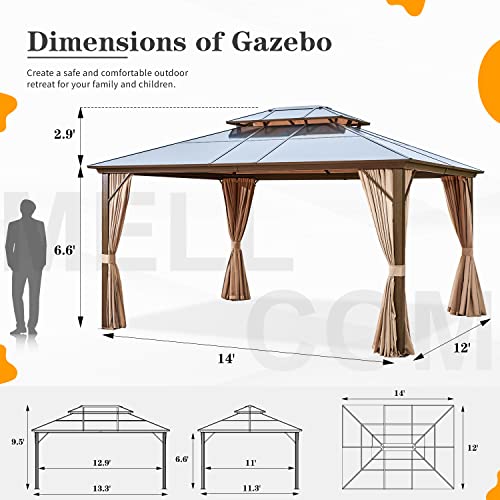 MELLCOM 12x14ft Hardtop Gazebo, Polycarbonate Double Roof Aluminum Gazebo, Outdoor Waterproof Canopy Gazebo with Netting and Curtains for Backyard, Deck, Patio