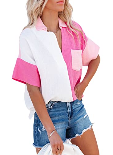 Dokotoo Women's Summer V Neck Turn Down Collared Batwing Short Sleeve Shirts Lightweight Cotton Color Block Dressy Casual Blouse Tops Resort Wear for Women with Pockets Rose M