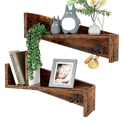 Gannyfer Floating Shelves - Set of 2, Rustic Wood Wall Shelf with Coat Hooks for Home Decor Storage, Small Wall Mounted Hanging Shelves for Bedroom, Kitchen, Living Room, Bathroom & Farmhouse, Brown