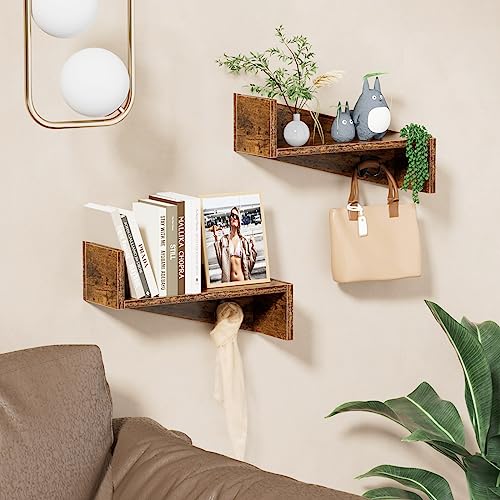 Gannyfer Floating Shelves - Set of 2, Rustic Wood Wall Shelf with Coat Hooks for Home Decor Storage, Small Wall Mounted Hanging Shelves for Bedroom, Kitchen, Living Room, Bathroom & Farmhouse, Brown