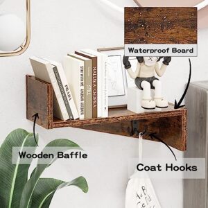 Gannyfer Floating Shelves - Set of 2, Rustic Wood Wall Shelf with Coat Hooks for Home Decor Storage, Small Wall Mounted Hanging Shelves for Bedroom, Kitchen, Living Room, Bathroom & Farmhouse, Brown