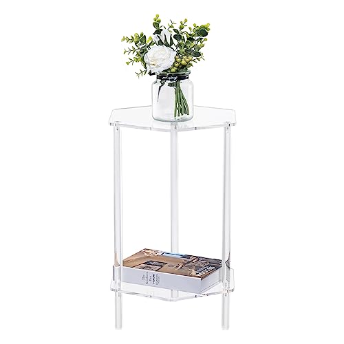 HMYHUM Acrylic Side Table for Small Spaces, Hexagonal, Clear, 20.1" H, Small Nightstand/Bedside/End Table for Couch, Living Room, Bedroom, 2-Tier, Modern, Easy Assembly