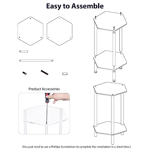 HMYHUM Acrylic Side Table for Small Spaces, Hexagonal, Clear, 20.1" H, Small Nightstand/Bedside/End Table for Couch, Living Room, Bedroom, 2-Tier, Modern, Easy Assembly