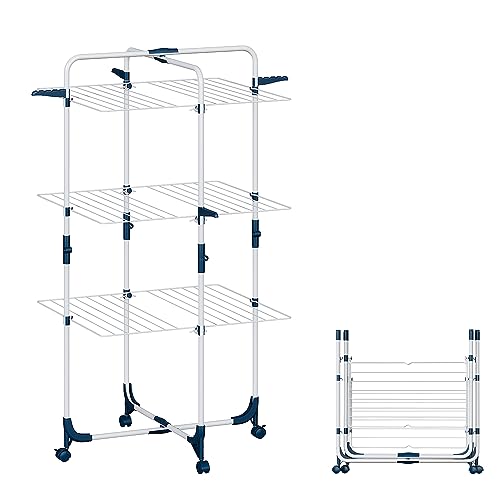 Clothes Airer Tower, Foldable and Space Saving, 3 Levels, 6 Foldable Wings, Rollable and Stable, Mobile Tower Clothes Airer, Drying Rack for Indoor and Outdoor Large Families