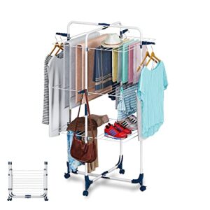 Clothes Airer Tower, Foldable and Space Saving, 3 Levels, 6 Foldable Wings, Rollable and Stable, Mobile Tower Clothes Airer, Drying Rack for Indoor and Outdoor Large Families