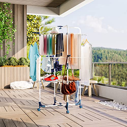 Clothes Airer Tower, Foldable and Space Saving, 3 Levels, 6 Foldable Wings, Rollable and Stable, Mobile Tower Clothes Airer, Drying Rack for Indoor and Outdoor Large Families