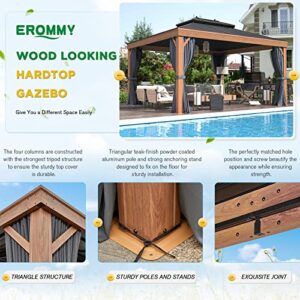 EROMMY 12'x14' Hardtop Gazebo Outdoor Aluminum Wood Grain Gazebos with Galvanized Steel Roof and Mosquito Net for Patios, Deck, Backyard, Curtains & Netting