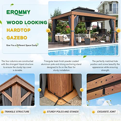 EROMMY 12'x14' Hardtop Gazebo Outdoor Aluminum Wood Grain Gazebos with Galvanized Steel Roof and Mosquito Net for Patios, Deck, Backyard, Curtains & Netting