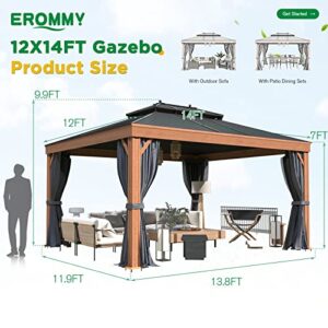 EROMMY 12'x14' Hardtop Gazebo Outdoor Aluminum Wood Grain Gazebos with Galvanized Steel Roof and Mosquito Net for Patios, Deck, Backyard, Curtains & Netting