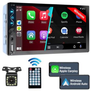 double din car stereo with wireless carplay,wireless android auto,7 inch touch screen radio with backup camera,bluetooth car audio receiver,mirror link,swc,fm/usb/aux/subwoofer