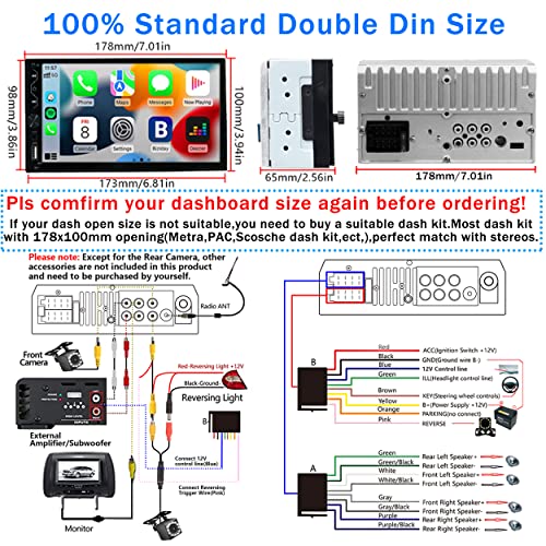 Double Din Car Stereo with Wireless Carplay,Wireless Android Auto,7 inch Touch Screen Radio with Backup Camera,Bluetooth Car Audio Receiver,Mirror Link,SWC,FM/USB/AUX/Subwoofer