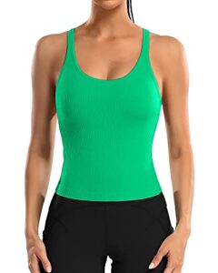 attraco women's longline sports bra tank top padded athletic yoga tops tight fit green