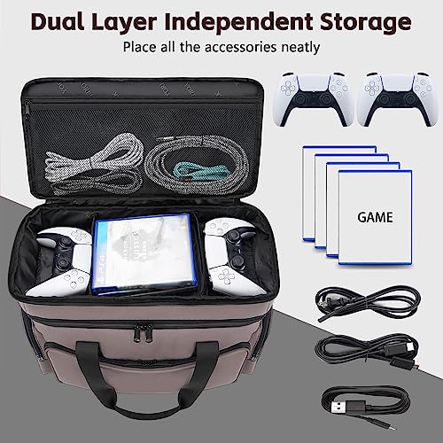 2 Layer Soft Carrying Case Compatible for PS5, PS4, PS4 Pro, Large Travel Cases for Game Console, Controller, Discs, Laptop, Tablet, Headset and Accessories, Padded Game Storage Bag, Gamer Gifts, Grey