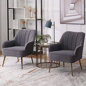 luckhao modern accent chair set of 2,velvet comfy upholstered armchair cozy single sofa chairs with gold metal legs for living room,reading,bedroom,office(grey)