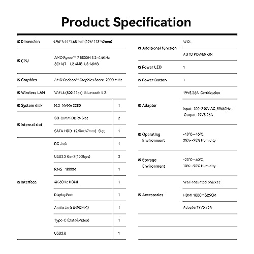 Beelink SER5 MAX, Mini PC Ryzen 7 5800H (8C/16T, Turbo 4.4GHz), 32GB DDR4 RAM 500GB PCIe3.0 SSD Desktop Mini Computers Support 4K@60Hz Triple Display/WiFi 6/BT5.2/DP+HDMI+USB-C/USB3.2/RJ45 LAN