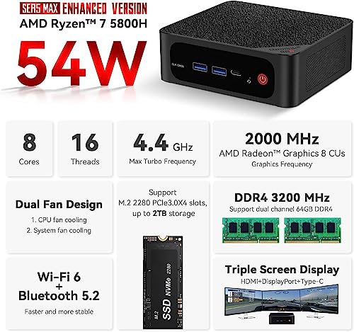 Beelink SER5 MAX, Mini PC Ryzen 7 5800H (8C/16T, Turbo 4.4GHz), 32GB DDR4 RAM 500GB PCIe3.0 SSD Desktop Mini Computers Support 4K@60Hz Triple Display/WiFi 6/BT5.2/DP+HDMI+USB-C/USB3.2/RJ45 LAN