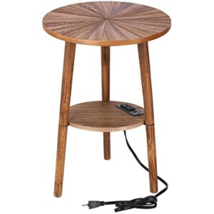 Round Side Table with Charging Station, Mid Century Modern Nightstand, End Table with USB Ports & Power Outlets, Farmhouse Bedside Table, Small Night Stand End Side Tables for Living Room Bedroom