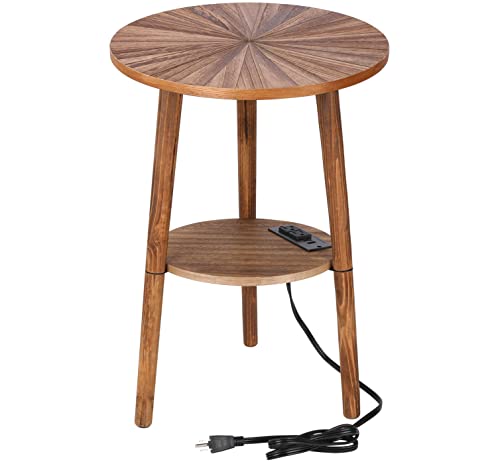 Round Side Table with Charging Station, Mid Century Modern Nightstand, End Table with USB Ports & Power Outlets, Farmhouse Bedside Table, Small Night Stand End Side Tables for Living Room Bedroom