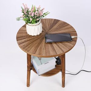 Round Side Table with Charging Station, Mid Century Modern Nightstand, End Table with USB Ports & Power Outlets, Farmhouse Bedside Table, Small Night Stand End Side Tables for Living Room Bedroom