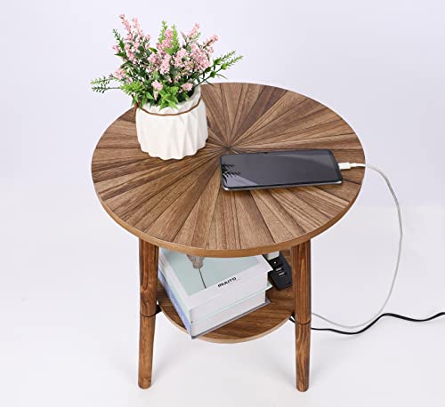 Round Side Table with Charging Station, Mid Century Modern Nightstand, End Table with USB Ports & Power Outlets, Farmhouse Bedside Table, Small Night Stand End Side Tables for Living Room Bedroom