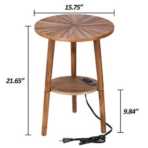 Round Side Table with Charging Station, Mid Century Modern Nightstand, End Table with USB Ports & Power Outlets, Farmhouse Bedside Table, Small Night Stand End Side Tables for Living Room Bedroom