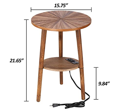 Round Side Table with Charging Station, Mid Century Modern Nightstand, End Table with USB Ports & Power Outlets, Farmhouse Bedside Table, Small Night Stand End Side Tables for Living Room Bedroom