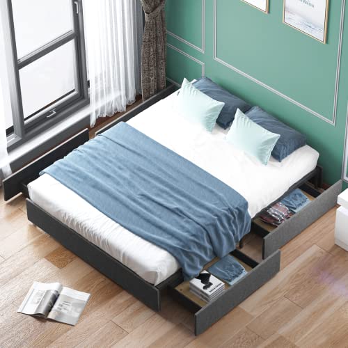 CECER California King Size Bed Frame with 4 Storage Drawers, Platform Bed Frame with Wood Slat Support/No Box Spring Needed/Easy Assembly/Under Bed Storage, Dark Grey