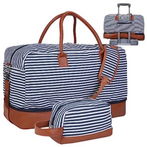 inspack duffle bag with shoe compartment for women/men, 45l gym sports bags with trolley sleeve, 22x14x9 weekender/carry on/travel tote/duffel/overnight bags（blue-white stripe）