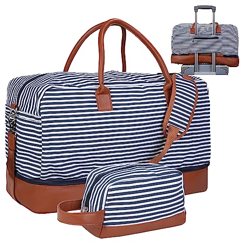 Inspack Duffle Bag with Shoe Compartment for Women/Men, 45L Gym Sports Bags with Trolley Sleeve, 22x14x9 Weekender/Carry on/Travel Tote/Duffel/Overnight Bags（Blue-White Stripe）