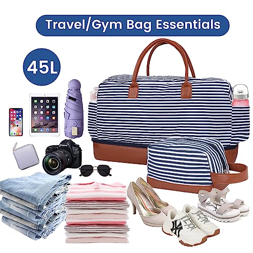 Inspack Duffle Bag with Shoe Compartment for Women/Men, 45L Gym Sports Bags with Trolley Sleeve, 22x14x9 Weekender/Carry on/Travel Tote/Duffel/Overnight Bags（Blue-White Stripe）