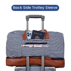 Inspack Duffle Bag with Shoe Compartment for Women/Men, 45L Gym Sports Bags with Trolley Sleeve, 22x14x9 Weekender/Carry on/Travel Tote/Duffel/Overnight Bags（Blue-White Stripe）