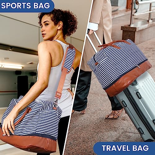 Inspack Duffle Bag with Shoe Compartment for Women/Men, 45L Gym Sports Bags with Trolley Sleeve, 22x14x9 Weekender/Carry on/Travel Tote/Duffel/Overnight Bags（Blue-White Stripe）