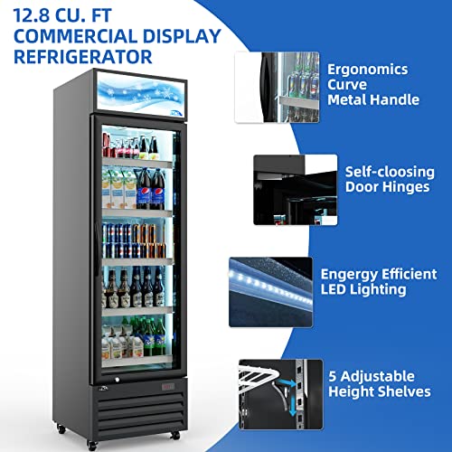 JAECOOL Commercial Beverage Refrigerator Cooler, Merchandiser Refrigerator with Glass Door, Upright Display Refrigerator, Auto-defrost, R290 Eco-friendly, ETL, 12.8 Cu. Ft