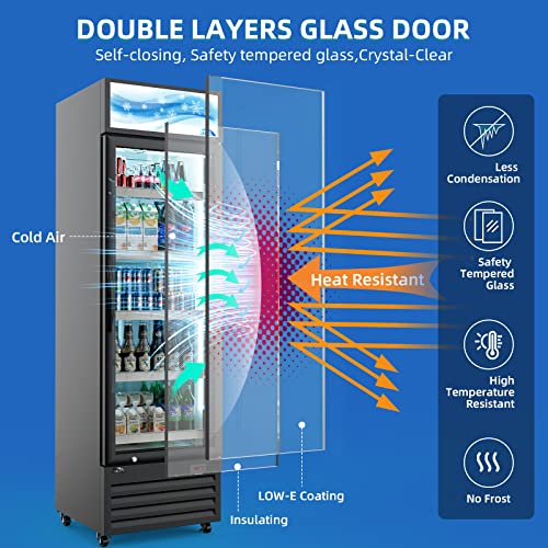 JAECOOL Commercial Beverage Refrigerator Cooler, Merchandiser Refrigerator with Glass Door, Upright Display Refrigerator, Auto-defrost, R290 Eco-friendly, ETL, 12.8 Cu. Ft