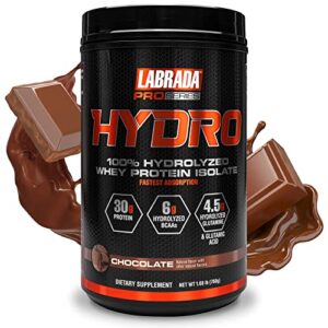 labrada hydro 100% pure hydrolyzed whey protein isolate powder, lactose free, 6g bcaa’s, 4.5g glutamine, fastest digesting whey available, instant mixing, delicious taste (chocolate)
