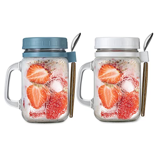 2 Pack Overnight Oats Containers with Lid and Spoon, Overnight Oats Jars 15 oz Large Capacity Airtight Oatmeal Container with Handle (White and Grey)