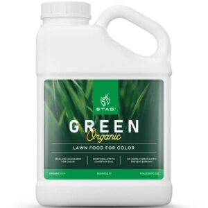 green organic lawn fertilizer - grass fertilizer for lawn color & sustained growth, lawn fertilizer that conditions & nourishes soil, no harsh chemicals lawn care, 1 gal. lawn food for 20,000 sq. ft.