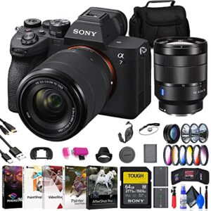 sony a7 iv mirrorless camera with 28-70mm lens (ilce-7m4k/b) fe 24-70mm lens (sel2470z) + 64gb memory card + filter kit + wide angle lens + color filter kit + lens hood + bag + more (renewed)