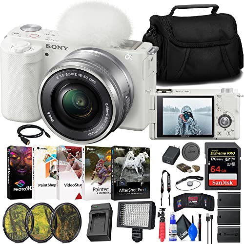 Sony ZV-E10 Mirrorless Camera with 16-50mm Lens (White) (ILCZV-E10L/W) + 64GB Memory Card + Filter Kit + LED Light + External Charger + 2 x NPF-W50 Battery + Card Reader + More (Renewed)