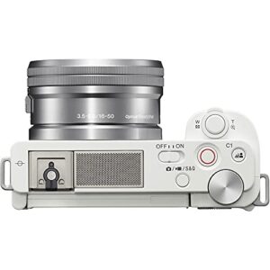 Sony ZV-E10 Mirrorless Camera with 16-50mm Lens (White) (ILCZV-E10L/W) + 64GB Memory Card + Filter Kit + LED Light + External Charger + 2 x NPF-W50 Battery + Card Reader + More (Renewed)