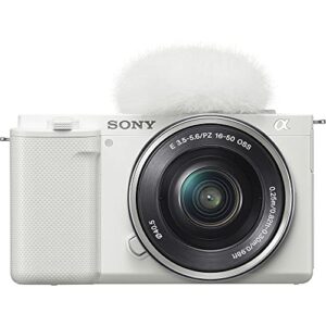 Sony ZV-E10 Mirrorless Camera with 16-50mm Lens (White) (ILCZV-E10L/W) + 64GB Memory Card + Filter Kit + LED Light + External Charger + 2 x NPF-W50 Battery + Card Reader + More (Renewed)