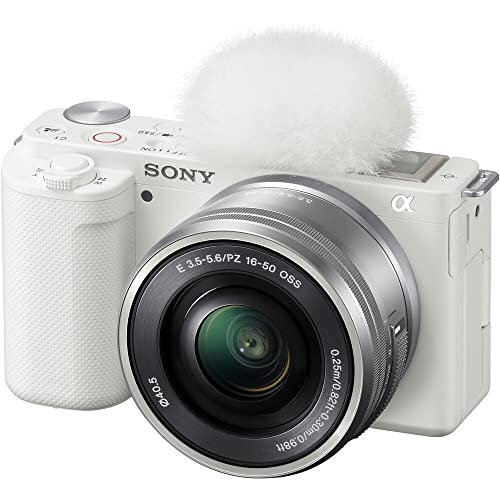 Sony ZV-E10 Mirrorless Camera with 16-50mm Lens (White) (ILCZV-E10L/W) + 64GB Memory Card + Filter Kit + LED Light + External Charger + 2 x NPF-W50 Battery + Card Reader + More (Renewed)