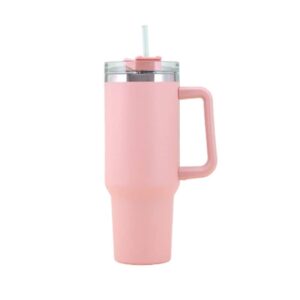 40 oz tumbler with handle and straw lid stainless steel insulated travel mug for hot and cold drinks, with handle travel thermos (pink)