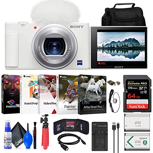 Sony ZV-1 Digital Camera (White) (DCZV1/W) + 64GB Card + Case + NP-BX1 Battery + Card Reader + Corel Photo Software + HDMI Cable + Charger + Flex Tripod + Memory Wallet + Cap Keeper + More (Renewed)