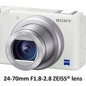 Sony ZV-1 Digital Camera (White) (DCZV1/W) + 64GB Card + Case + NP-BX1 Battery + Card Reader + Corel Photo Software + HDMI Cable + Charger + Flex Tripod + Memory Wallet + Cap Keeper + More (Renewed)