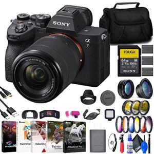 sony a7 iv mirrorless camera with 28-70mm lens (ilce-7m4k/b) + 64gb memory card + filter kit + wide angle lens + telephoto lens + color filter kit + lens hood + bag + more (renewed)