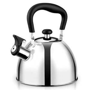 tea kettle for stove top - hihuos 2.2qt whistling teapot for stovetop with universal base - food grade stainless steel tea pots for stove top - mirror sleek teakettle with cool grip bakelite handle